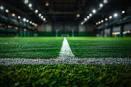 Soccer or football field with green grass and white line at nightの写真素材