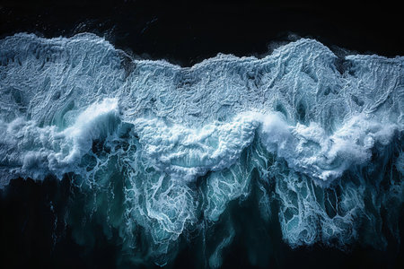 Aerial view of ocean wave with splashes and ripples.