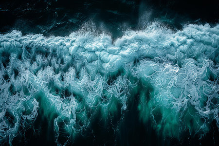 Aerial view of stormy ocean wave with splashes and ripples