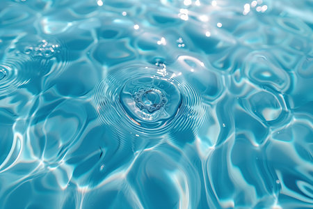 Water drop and ripples on blue water surface. Water background.の写真素材