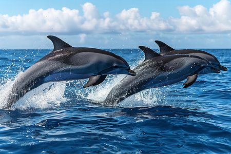 Dolphins jumping out of the water. Dolphins in the ocean.