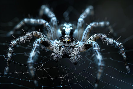 Spider on the web. 3d illustration. Spider on dark backgroundの写真素材