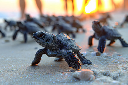 Turtle on the beach at sunset. Selective focus. nature.