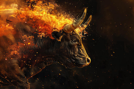 Bull with big horns on fire background. Fire in the head.の写真素材