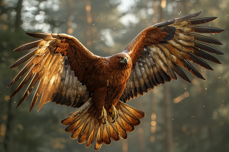 Eagle flying in the misty forest. 3D rendering.