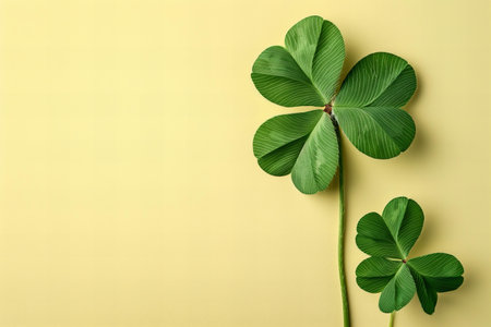 Green clover leaves on yellow background. St. Patrick's Day concept.の写真素材