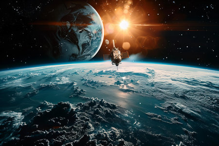 Astronaut on planet Earth during sunrise 3D rendering