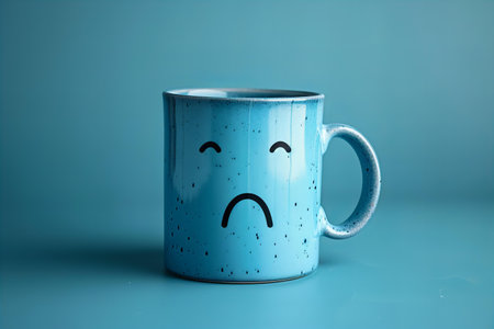 Coffee mug with sad face on blue background, concept of depression