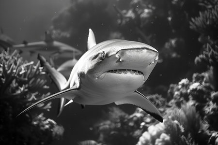 Black and white photo of a shark in the ocean. Shallow depth of field.の写真素材