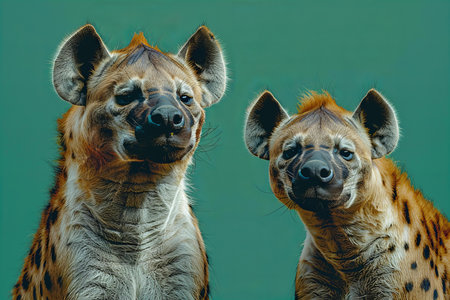 Two spotted hyenas looking at each other on green background.