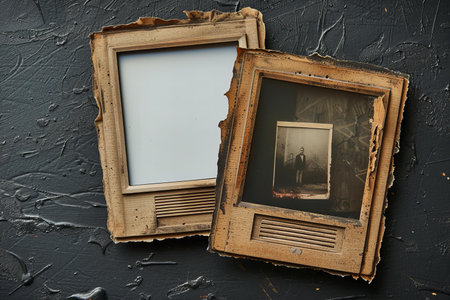 Old photo frames on a black textured background. Copy space.