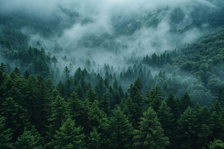 Foggy forest in the mountains. Beautiful landscape with foggy forest.