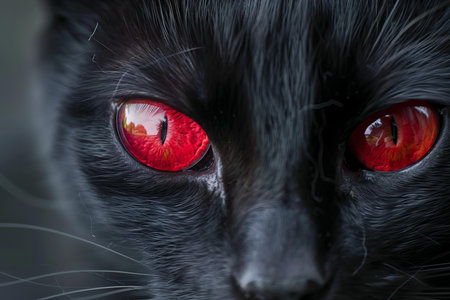 Close up of a black cat with red eyes looking at the camera