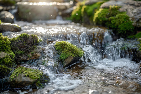 Mossy stones in the stream at sunset, close-upの写真素材