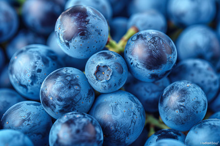 Close up of fresh bunch of blue grapes with water droplets.