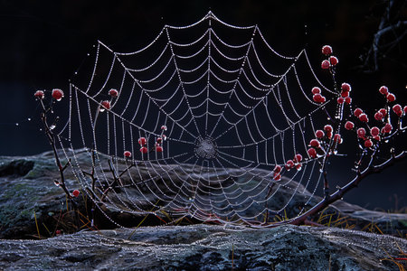 Spider web with dew drops and red berries on dark background.