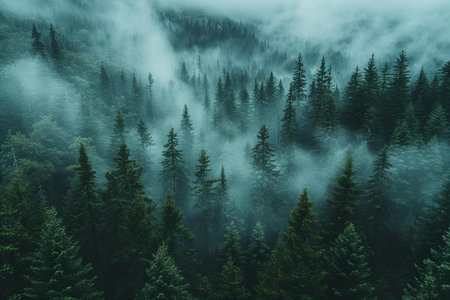 Foggy forest in the mountains. Beautiful landscape with coniferous trees.