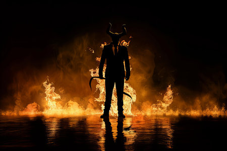 Silhouette of a man with a scythe in fire