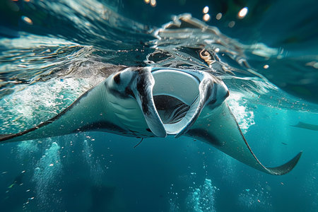 Manta Ray swimming underwater in the deep blue waters of the Caribbean Sea.