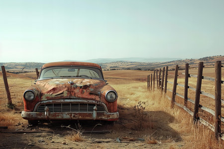 Abandoned car in the prairie, California, USA.の写真素材