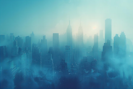 Cityscape with skyscrapers in foggy day. 3D renderingの写真素材