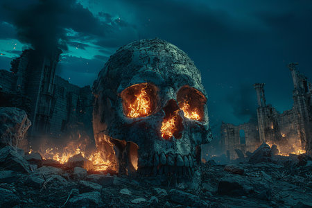 Skull with fire in the ruins of the building. 3D rendering