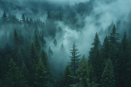 Foggy morning in the coniferous forest. Mountain landscape