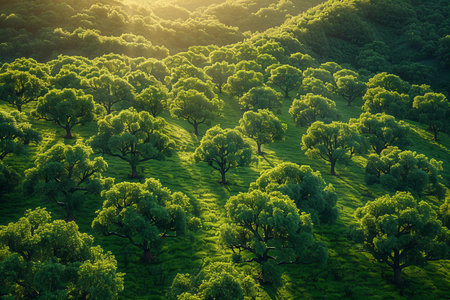 Aerial view of green hills and trees in the morning light.の写真素材