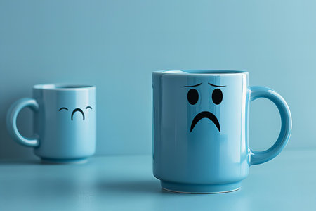 Coffee cup with sad face on blue background. Concept of depression.