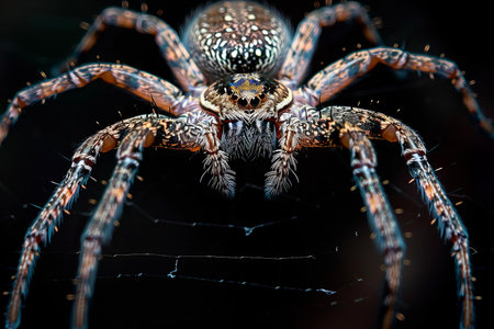 Macro of a spider in its web with a black background.の写真素材