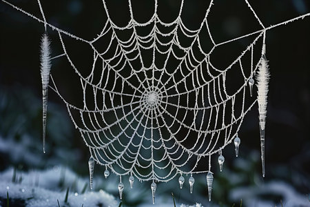 spider web with water drops covered with hoarfrost in winter