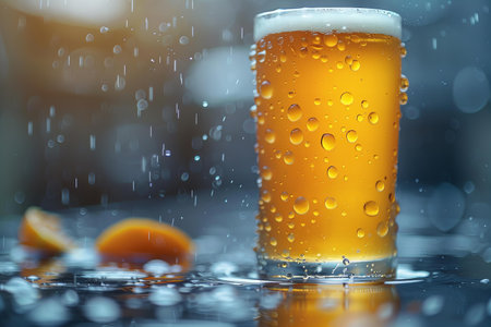 Glass of beer with drops of water and orange on a dark backgroundの写真素材