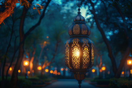 Lantern in the park at night. Ramadan Kareem.の写真素材