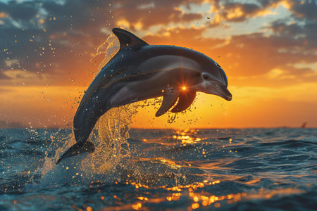 Dolphins jumping out of the water at sunset. 3d renderingの写真素材