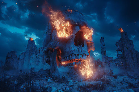 Scary monster skull with burning mouth and teeth in the ruins of a building.の写真素材