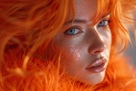 Fashion portrait of a beautiful red-haired girl in orange fur coatの写真素材