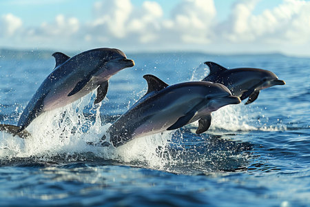 dolphins jumping out of the water on the coast of the ocean