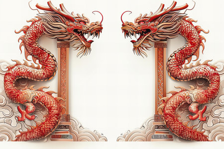 Chinese style dragon frame on white background. 3d render illustration.の写真素材