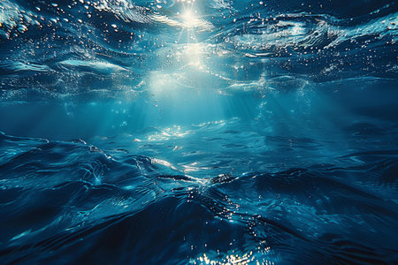 Underwater scene with sun rays and blue water. 3D rendering