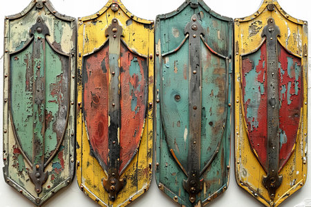 Colorful wooden shields on a white wall in Venice, Italy.の写真素材