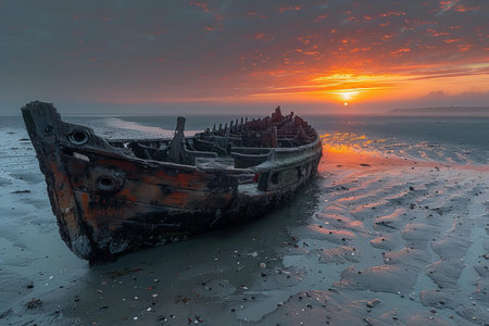Wreck of an old ship on the beach at sunset, Baltic Sea, Polandの写真素材