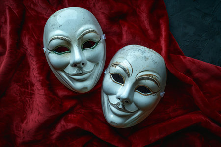 Masks with the theatre concept on red fabric background. Toned.の写真素材