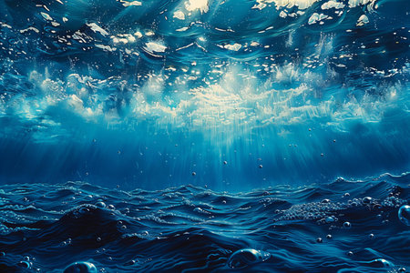 Underwater background with blue water and sun rays. 3d renderingの写真素材