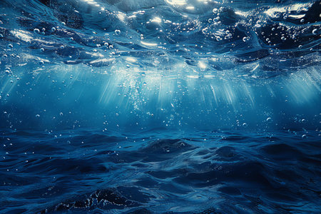 Underwater scene with sunbeams and sea waves. Underwater backgroundの写真素材