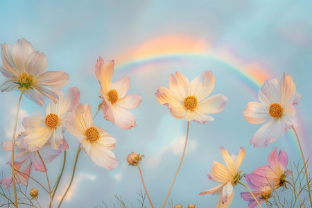 Cosmos flowers with rainbow in the blue sky. Floral background.の写真素材