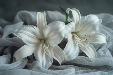 Beautiful white lily flowers on white fabric background. Selective focus.の素材
