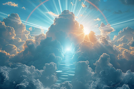 Blue sky with white clouds and sunbeams. 3d rendering