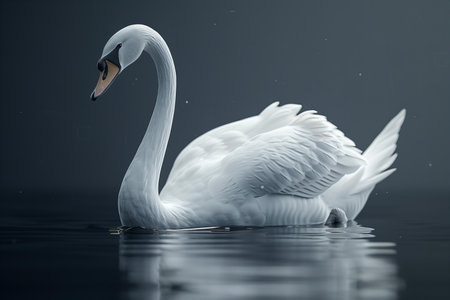 Beautiful white swan floating on the water on a dark backgroundの写真素材