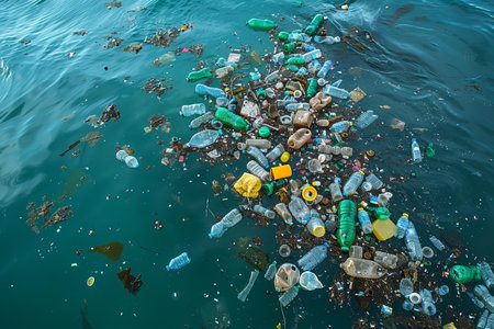 Plastic waste floating on the water. Pollution of environment concept.の写真素材