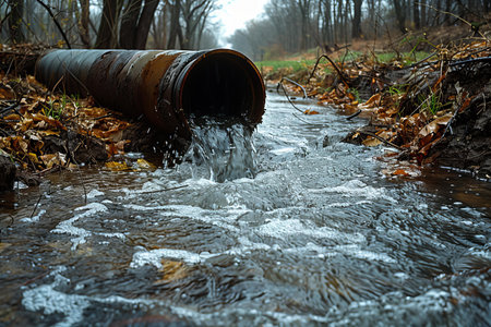 Water flows from a rusty pipe into the river in the autumn forest